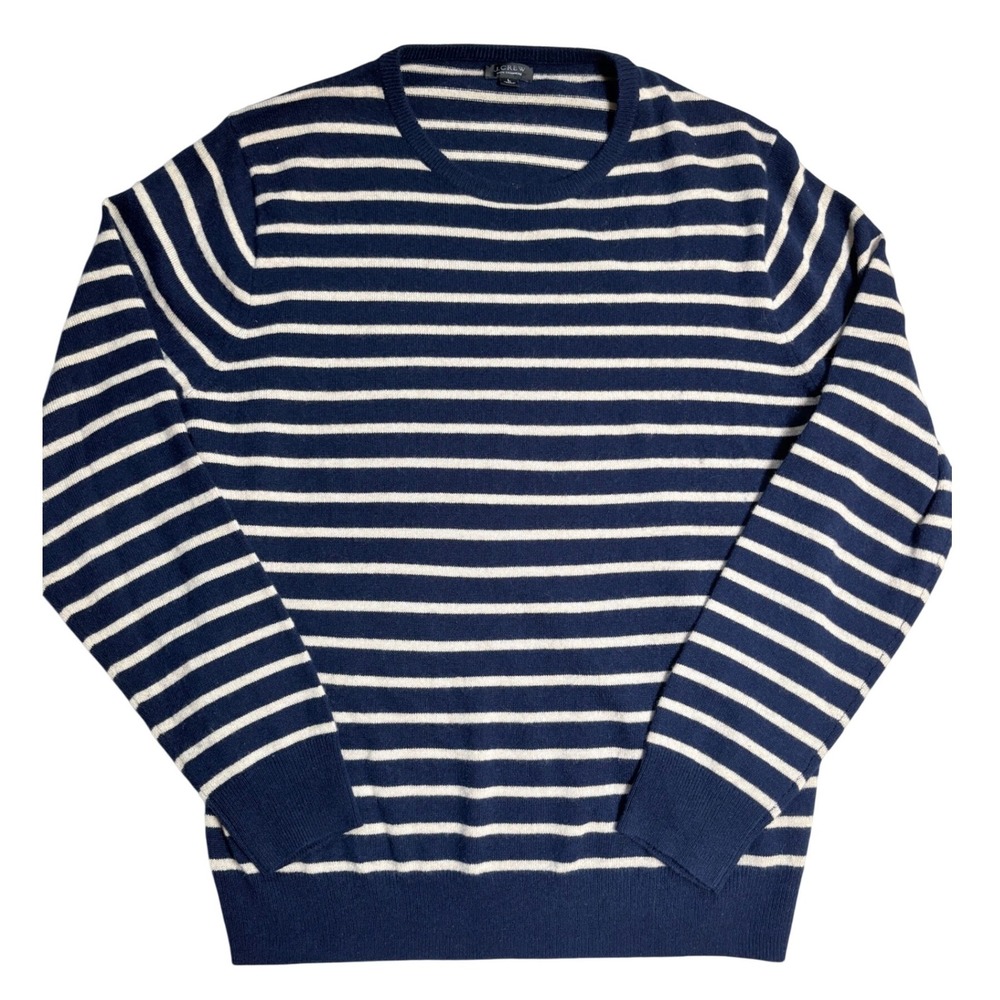J.Crew Mens 100% Cashmere Striped Crewneck Sweater Navy Blue Tan Large AD627